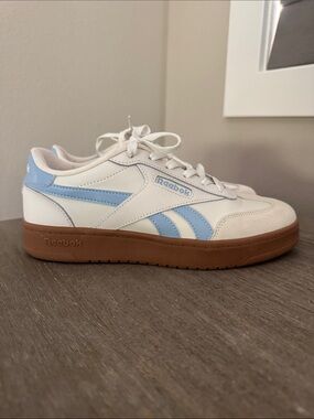 Reebok White and Light Blue Low-Top Sneaker with Gum Sole